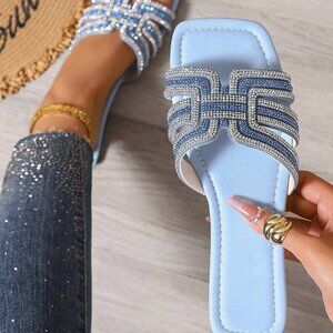 Blue Casual Womens H-Design Slide Sandals Comfortable Non-Slip Crocodile Print